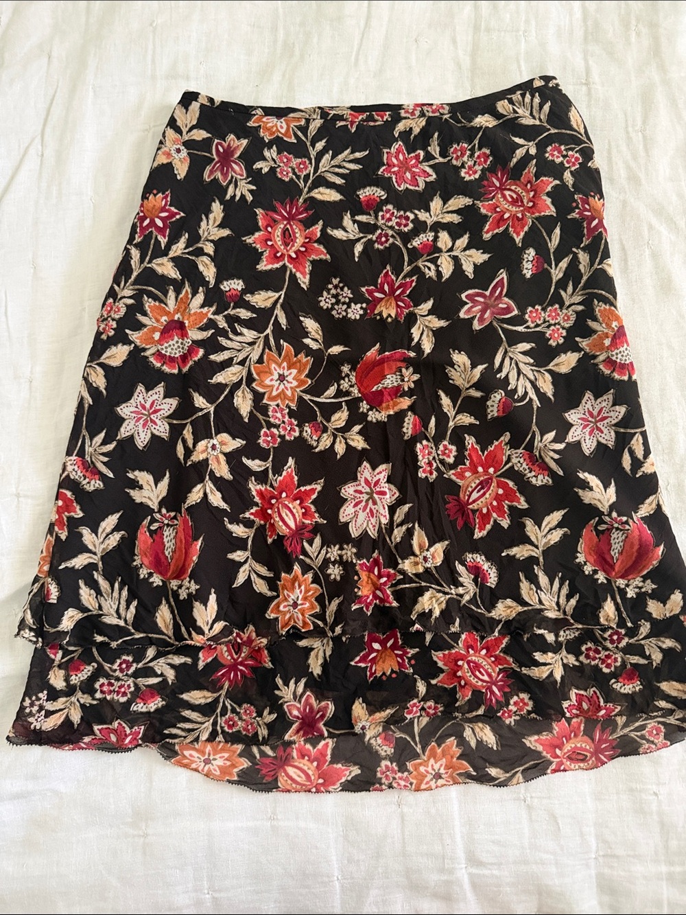 LOFT Black A-Line Skirt with Red, Orange & Cream Floral Print